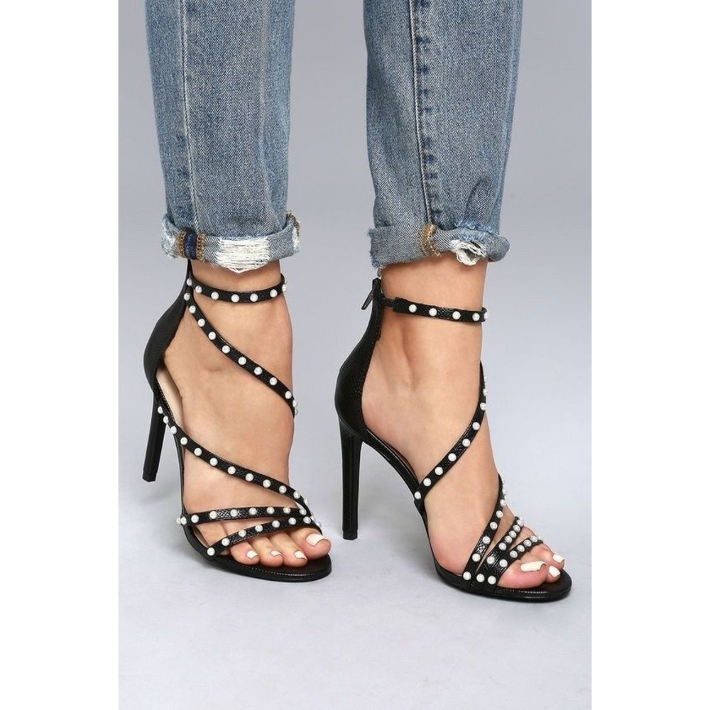 Steve Madden‎ Meg Black Snake Pearl Ankle Strap Heels Vegan Leather 7.5 New